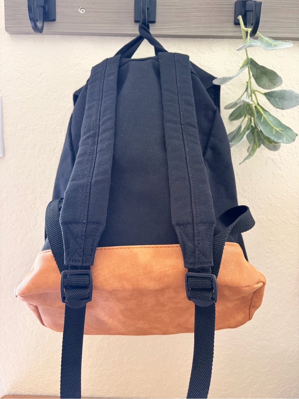 Black XL Canvas Backpack w/Camel Faux Leather Trim Minimalist, School Travel Bag - Picture 4 of 11